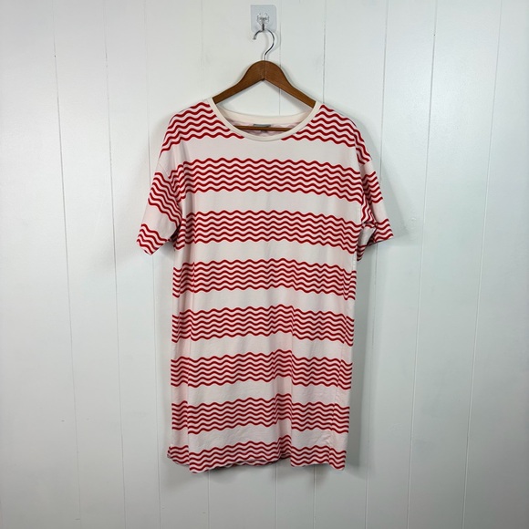 Oliver Bonas Red & White Wavy  Striped Oversized T-Shirt Dress Size 14 Staple - Picture 2 of 9